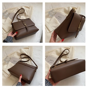 Detailed views of a brown leather rectangular shoulder bag from four different angles