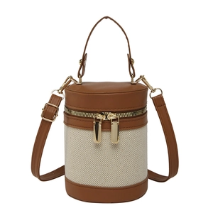 Retro leopard cylinder bucket bag with brown leather and canvas patchwork design