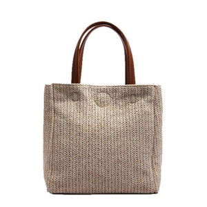 Minimalist straw tote bag with V-shaped weave and contrast brown leather handles