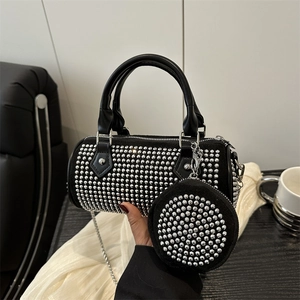 Black rhinestone cylinder bucket bag with chain strap and matching coin purse set