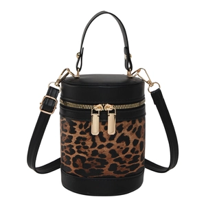 Fashionable leopard print bucket bag with black PU leather trim and gold hardware