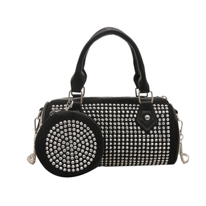 Black studded Boston bag with matching round coin purse in edgy Y2K rock style