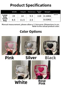 Detailed size chart and specifications for clear crossbody bag with heart pattern