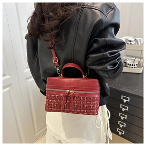 Red plaid tweed box bag with metal double zippers and slim leather shoulder strap