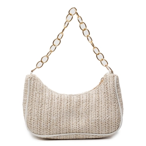 Chic woven crescent straw shoulder bag with gold chain strap for summer beach fashion
