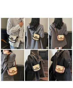 Detailed views of the retro PU canvas saddle bag worn as crossbody and shoulder styles