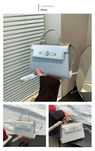 Detailed views of a silver crossbody bag featuring mirror flap and glitter texture