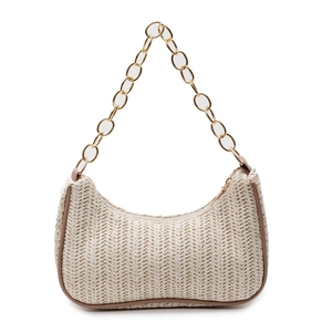 Beige woven straw shoulder bag with brown leather trim and golden chain strap