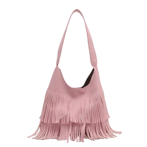 Chic pink half-moon crossbody bag featuring long stylish tassels and shoulder strap