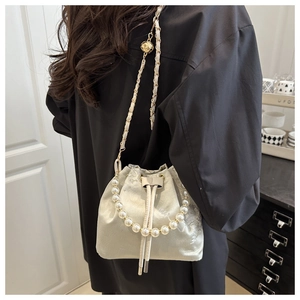 Detail of embroidered bucket bag with pearl handle and metal chain strap on model