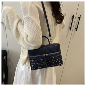 Detail of tweed and leather box bag with gold zipper and chain strap worn by a model