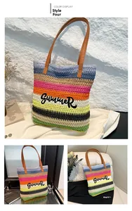 Detail of colorful woven summer bucket bag with brown leather handles and embroidery