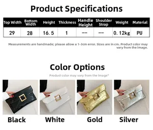 Size chart showing faux croc envelope clutch bag dimensions and four available colors