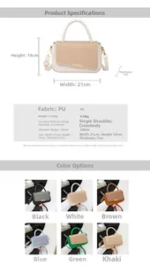 Detailed specification sheet for a women's PU leather shoulder bag with multi-color options.