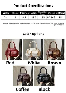 Size guide for PU leather baguette bag showing dimensions of 24x14x8.5cm in five colors