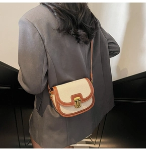 Detail of vintage canvas saddle bag with brown leather trim and gold buckle