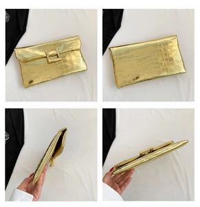 Detailed four-way view of a gold crocodile pattern envelope clutch bag with metal clasp
