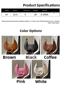 Product dimensions and color variants for the bow crescent handbag in PU leather