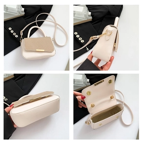 Viste multi-angolo di una borsa crema alla moda con patta glitterata dorata e tracolla