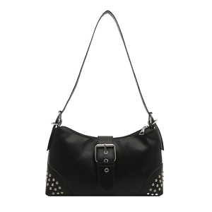 Retro black crescent shoulder bag with silver studs and buckle in Y2K punk style