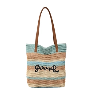 Large striped straw tote bag with black Summer embroidery and brown leather handles
