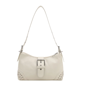 Fashionable beige leather shoulder bag with large silver buckle and rivet accents
