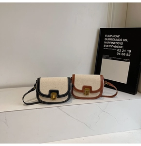 Detailed close-up of canvas saddle bags with leather trim and gold metal buckles