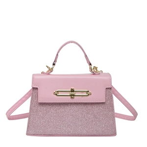 Pink faux leather crossbody square bag with glitter texture and gold metal buckle