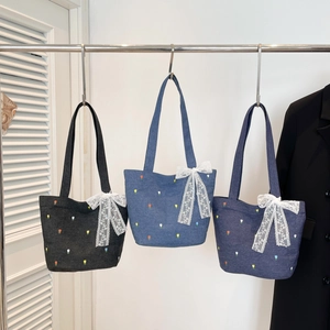 Denim Tote Bag For Women Large Capacity Shoulder Bag With Tulip Embroidery And White Lace Bow Korean Style Sweet Handbag