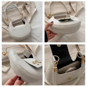 Detailed multi-angle views of a white crescent hobo bag featuring gold bow hardware