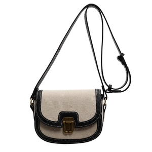 Retro canvas and PU leather saddle bag with contrast stitching and gold buckle