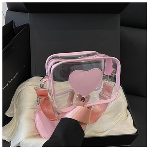 Detailed view of stylish pink transparent heart crossbody bag with a wide strap.