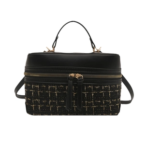 Classic black plaid tweed box handbag with golden zipper and adjustable shoulder strap