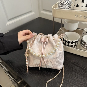 New Chinese Style Embroidery Bucket Bag For Women With Artificial Pearl Handle And Metal Chain Strap Satin Jacquard Crossbody Bag