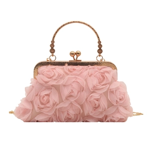 Pink evening clutch bag with 3D fabric flowers and rose gold vintage metal handle