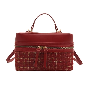 Sac bandoulière chic en tweed et cuir rouge avec poignée et détails dorés