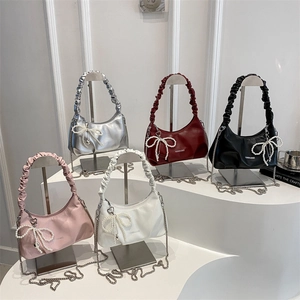 Ruched strap armpit bags in silver, red, black, pink and white with pearl bow charms