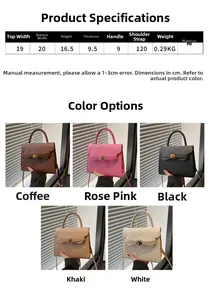 Detailed size specifications and color options chart for minimalist PU crossbody handbag