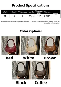 Tabella taglie borsa a mezzaluna alla moda con dimensioni e opzioni in 5 colori diversi