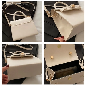 Multi-angle details of cream structured handbag showing interior capacity and gold hardware