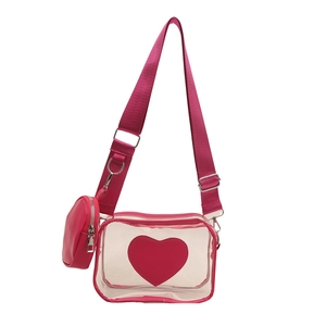 Elegante borsa a tracolla trasparente con cuore e mini pochette coordinata fucsia