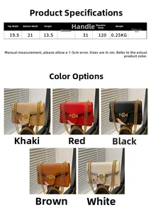 Detailed size dimensions and five color options for printed chain shoulder crossbody bag