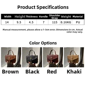 Detailed size chart and multi-color options for mini PU leather crossbody bag