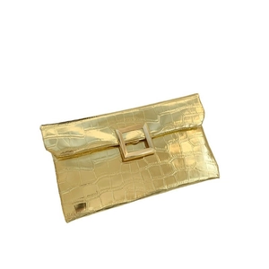 Golden mirror envelope clutch bag with crocodile texture and square metal buckle