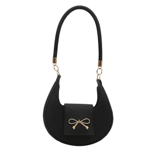 Elegant black crescent underarm bag with a stylish golden bow decoration for women