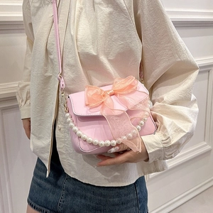 Damen Umhängetasche Quadratisch PU-Leder Mit Organza-Schleife Und Künstliche Perlenkette Verstellbarem Riemen Süße Mode Schulterhandtasche