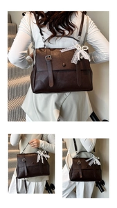 Vues détaillées du sac de messager vintage marron avec décoration nœud en dentelle