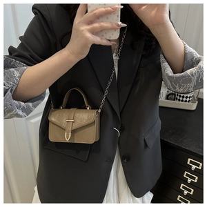 Mirror selfie showing khaki mini crossbody bag with metal buckle and chain strap