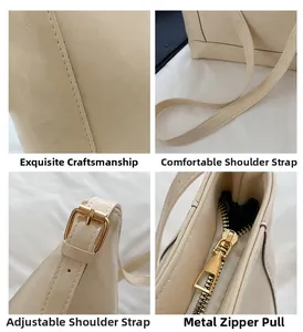 Detailed view of beige tote bag stitching with adjustable strap and metal zipper