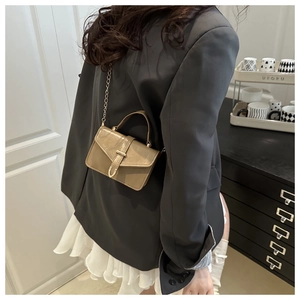 Detail of khaki leather handbag with gold horseshoe buckle and chain strap